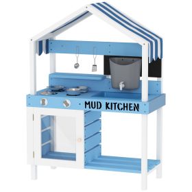 Qaba Wooden Mud Kitchen for Kids Outdoor with Sink, Faucet, Water Tank, Storage Shelves, Accessories for Boys and Girls, Blue