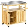 Outsunny Outdoor Grill Cart w/ Stainless Steel Top, Solid Wood Outdoor Kitchen Island w/ Wheels, Storage Cabinets, Natural Wood