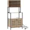 HOMCOM Baker's Rack with Power Outlet and Storage Shelves, Microwave Stand with Louvred Door Cabinets, Gray Wood Grain