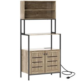 HOMCOM Baker's Rack with Power Outlet and Storage Shelves, Microwave Stand with Louvred Door Cabinets, Gray Wood Grain