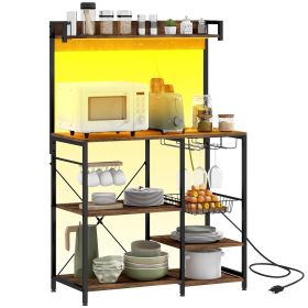 HOMCOM Industrial Rustic Brown Kitchen Baker's Rack with Charging Station, RGB Lights, Glass Holders & Open Shelves