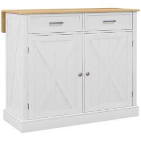 HOMCOM Farmhouse Kitchen Island Cart with Drop Leaf Breakfast Bar, 2 Drawers, Adjustable Shelves, White Wood