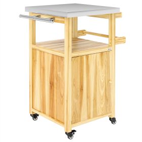 Outsunny Outdoor Grill Cart w/ Stainless Steel Top, Solid Wood Outdoor Kitchen Island w/ Wheels, Integrated Hole, Natural Wood