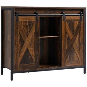 HOMCOM Rustic Brown Industrial Buffet Cabinet with Sliding Barn Doors Adjustable Shelves for Dining Room