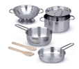 Melissa & Doug Stainless Steel Pots and Pans Pretend Play Kitchen Set for Kids with Wooden Utensils (8 Pcs)