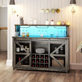 HOMCOM 55" Coffee Bar Cabinet with Lights, Farmhouse Wine Cabinet with Wine and Glass Racks for Kitchen, Dining Room, Brown