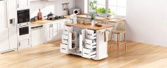 K&K 56 inch Kitchen Island with Rubber Wood Veneer Drop Leaf, Power Outlet, 4 Door Shelves