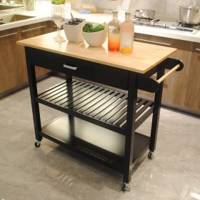 Kitchen Island Cart, Rolling Trolley Cart Utility Cabinet, With Rubber Wood Top, Easy -Clean With Towel Rack, one Drawer, Lockable Wheels, Black