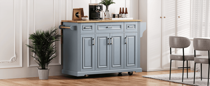 K&K 54inch Large Kitchen Island with Rubber Wood Drop Leaf, Embossed Texture Rolling Kitchen Cart on 4 Wheels with 4 Doors and 3 Drawers
