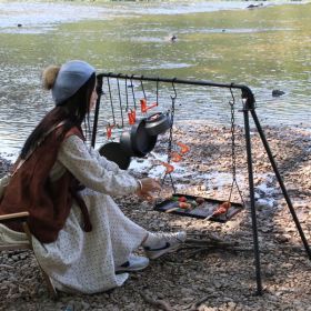 BBQ Swing Hanging Campfire Cooking Rack with Adjustable Iron Grill Grates,Foldable Campfire Cooking Rack with Hooks and Accessories for BBQ Picnic