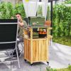 Outsunny Outdoor Grill Cart w/ Stainless Steel Top, Solid Wood Outdoor Kitchen Island w/ Wheels, Integrated Hole, Natural Wood