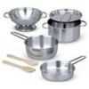 Melissa & Doug Stainless Steel Pots and Pans Pretend Play Kitchen Set for Kids with Wooden Utensils (8 Pcs)