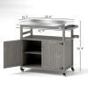 Outsunny Outdoor Grill Cart w/ Stainless Steel Top, Solid Wood Outdoor Kitchen Island w/ Wheels, Storage Cabinets, Gray