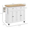 HOMCOM Kitchen Island Cart, White, Rubberwood Top, Spice/Towel Rack, Storage Drawers, Rolling Dining Room Storage