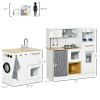 Qaba Wooden Toy Kitchen Set | Interactive Play with Lights & Sounds | Includes Oven, Coffee & Ice Maker, Microwave | White Pretend Playset