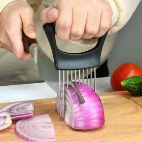 Stainless Steel Onion Holder Slicer Vegetable Tools Tomato Cutter Kitchen Gadget Steel Onion Needle With Cutting Safe Aid Holder Easy Slicer Cutter To (Color: Black)