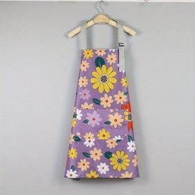 Oil-proof And Waterproof Apron; Floral Pattern Kitchen Cooking Apron With Pocket (Color: Purple)