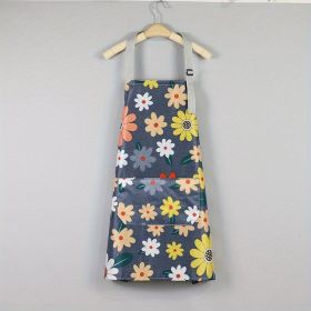Oil-proof And Waterproof Apron; Floral Pattern Kitchen Cooking Apron With Pocket (Color: Coffee)