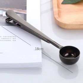 Two-in-one Stainless Steel Coffee Spoon Sealing Clip Kitchen Gold (Color: Black)