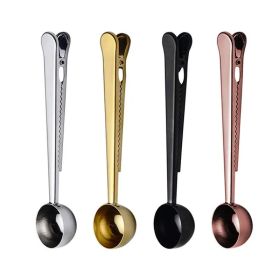 Two-in-one Stainless Steel Coffee Spoon Sealing Clip Kitchen Gold Accessories Recipient Cafe Expresso Cucharilla Decoration (Color: golden)