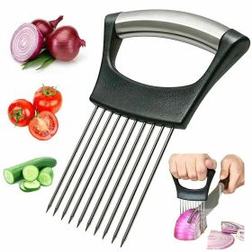 Stainless Steel Onion Holder Slicer Vegetable Tools Tomato Cutter Kitchen Gadget Steel Onion Needle With Cutting Safe Aid Holder Easy Slicer Cutter To (Color: Black)