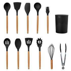 11Pcs Silicone Cooking Utensil Set Heat Resist Wooden Handle (Color: Black)