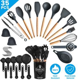 35Pcs Kitchen Cooking Utensils Set Spatula Set Baking Utensil Set Kitchen Accessories Necessities with Holder Egg Whisk Separator Tong Turner Spoons C (Color: as picture)